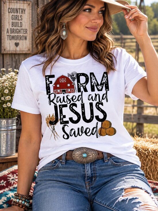 Country Grace With Alisha Tops - Farm Raised Jesus Saved Graphic T Shirt Trendy Boutique Style Tee Womens White